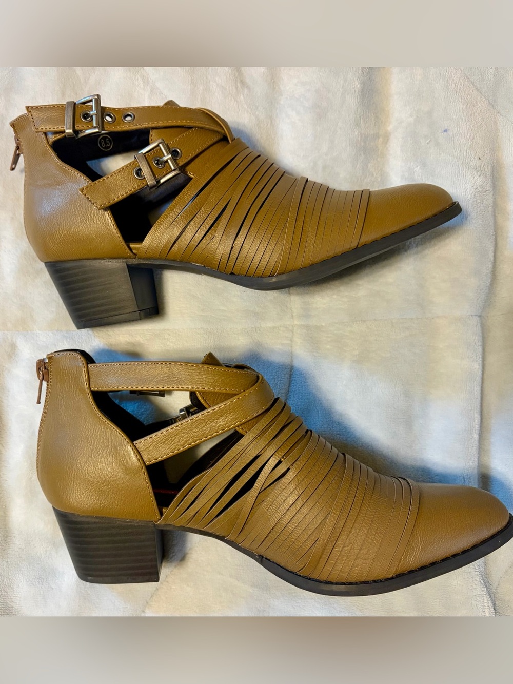 CcLabel "Hannah-16" Strappy Cage Ankle Bootie’s brown/tan faux-leather .